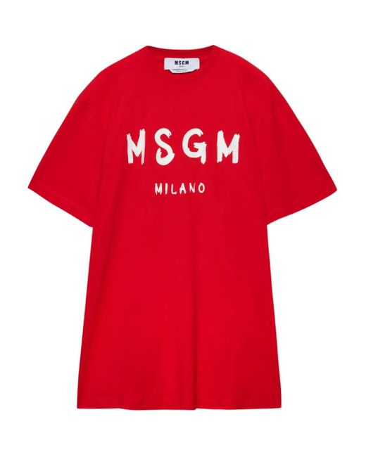 MSGM Red Short-Sleeve Crew-Neck T-Shirt Dress
