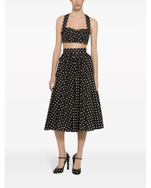 Dolce & Gabbana Black Cotton Calf-Length Circle Skirt With Polka-Dot