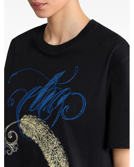 Etro Black Cotton T-Shirt With Logo Embroidery And Feather Print