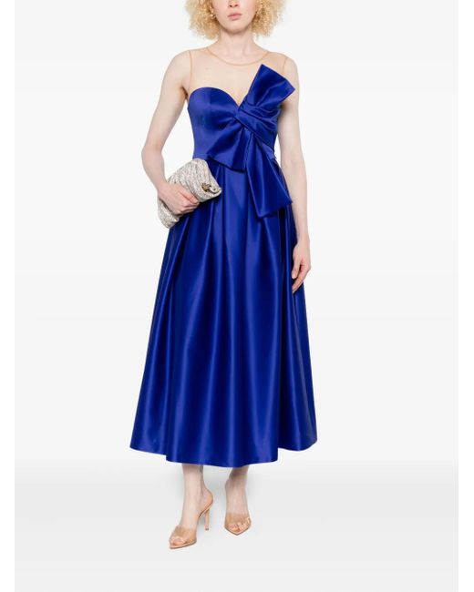 Nissa Blue Bow-Detail Mesh-Insert Midi Cocktail Dress