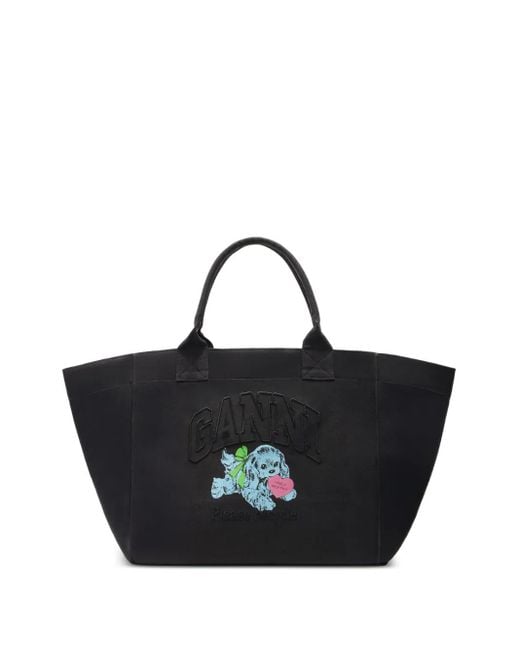 Ganni Black Xxl Logo-Embellished Canvas Tote Bag