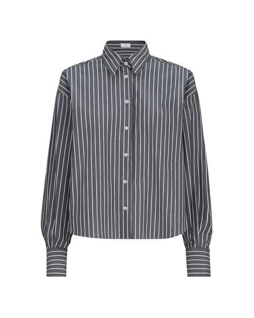 Brunello Cucinelli Gray Striped Cotton Poplin Shirt