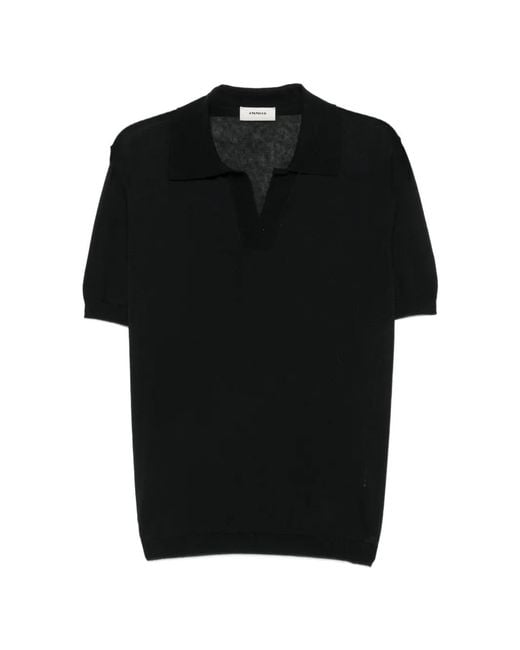 A PAPER KID Black Fine-Knit Open-Collar T-Shirt for men