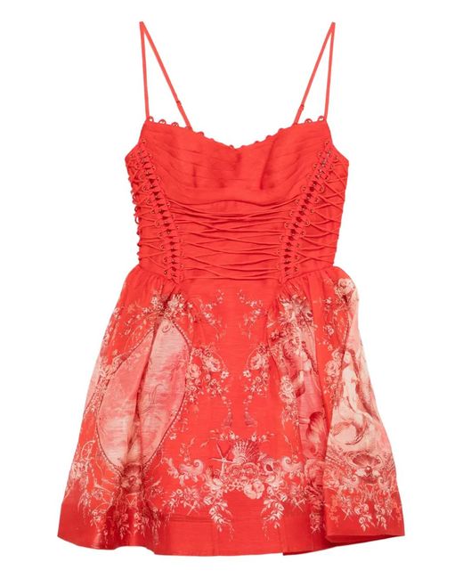 Zimmermann Red Rebellion Lace-up Floral Mini Dress
