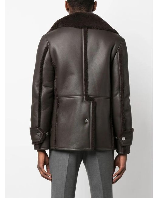 Thom Browne Black Shearling-Collar Double-Breasted Coat for men