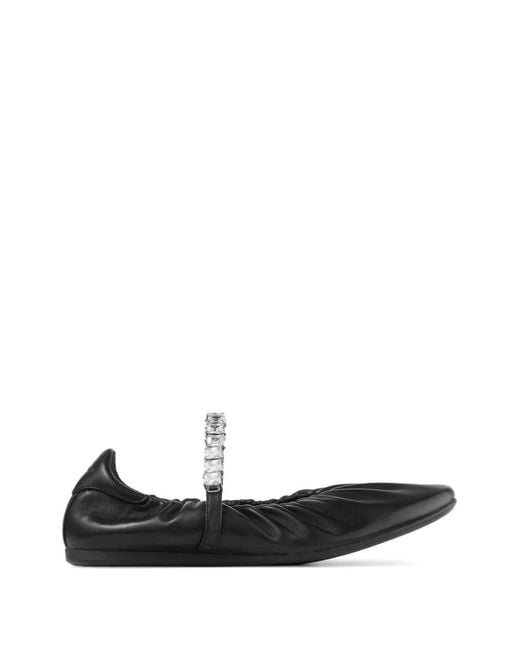 Jimmy Choo White Soft Ruched Nappa Leather Ballerina Flats With Crystal Strap