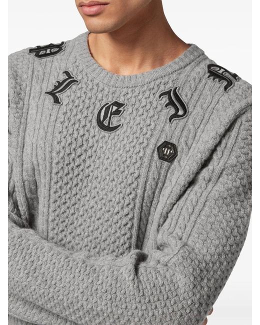 Philipp Plein Gray Logo-Appliqué Cable-Knit Jumper for men