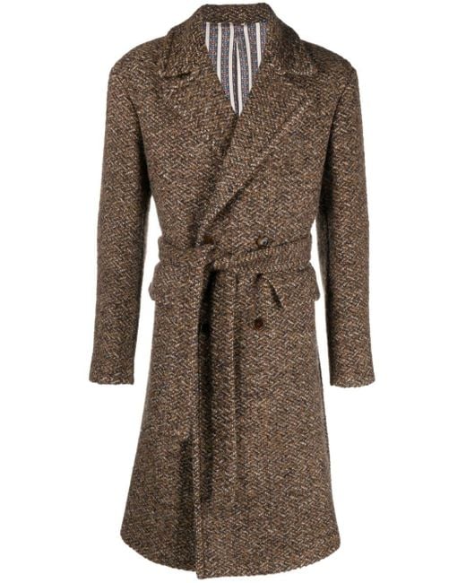 Etro Brown Notched-lapels Belted-waist Coat for men