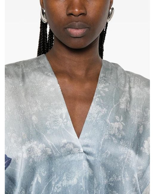 Pierre Louis Mascia Blue V-Neck Butterfly-Print Dress