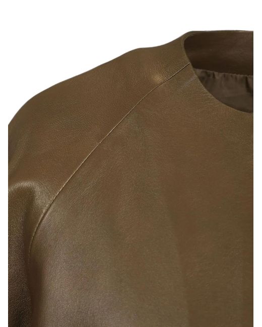 Max Mara Green Round-Neck Leather Jacket