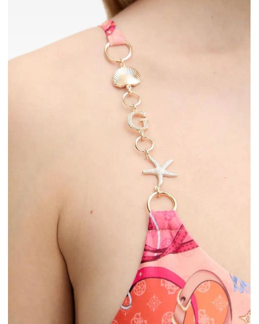 Guess Red Chain-Embellished Print Swimsuit