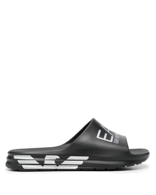 EA7 Black Logo-Print Slip-On Slides for men