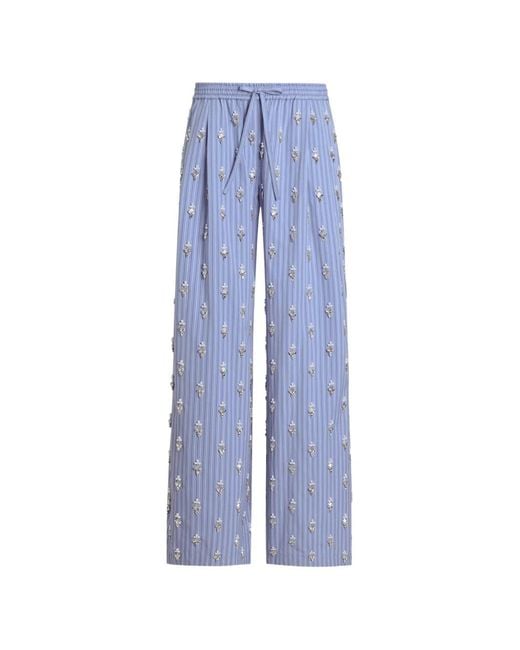 Dolce & Gabbana Blue Poplin Trousers With Crystal Flower Embroidery
