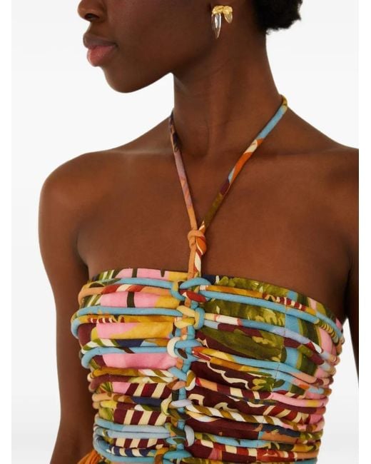 Farm Rio Metallic Tropical Painting Ruched Midi Dress