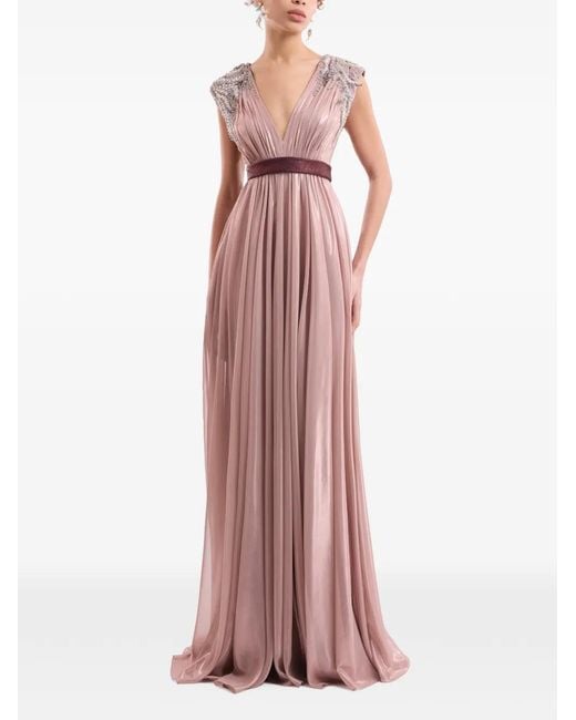 Gemy Maalouf Pink Pleated Bead-Embellished Maxi Dress