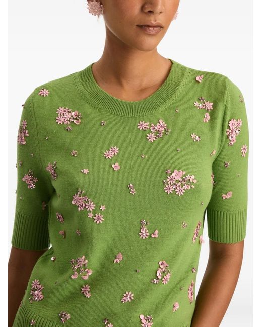 Oscar de la Renta Green Crystal-Cluster Embroidered Pullover