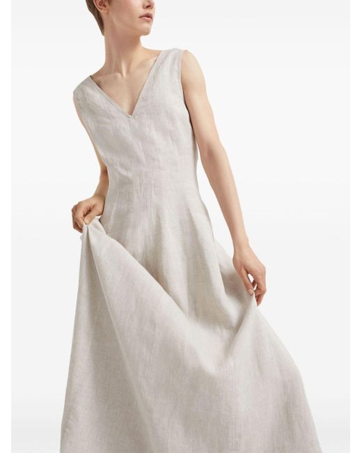 Robe longue en lin à col v Brunello Cucinelli en coloris White