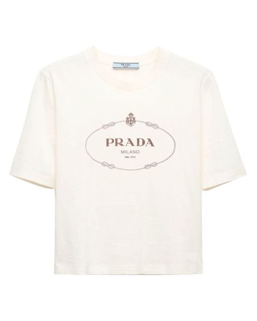 T-shirt crop con stampa di Prada in White