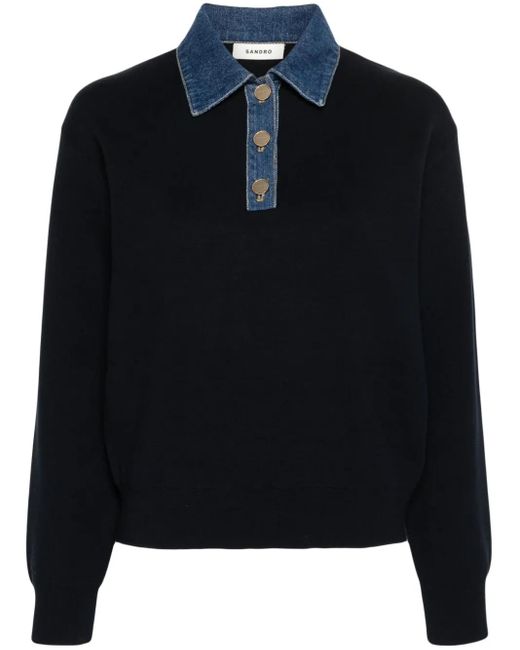 Sandro Blue Denim-Detailed Polo Shirt