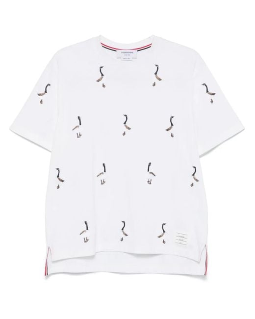 Thom Browne White Cotton Embroidered Geese T-Shirt for men