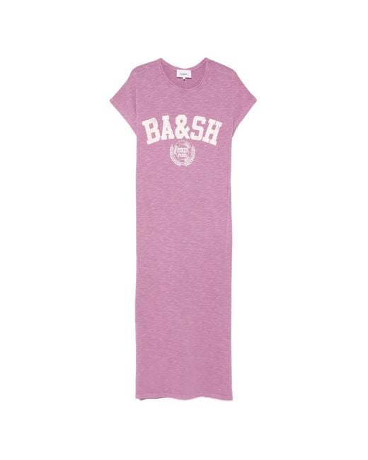 Ba&sh Pink Civi Logo-Print Slub-Texture Midi Dress