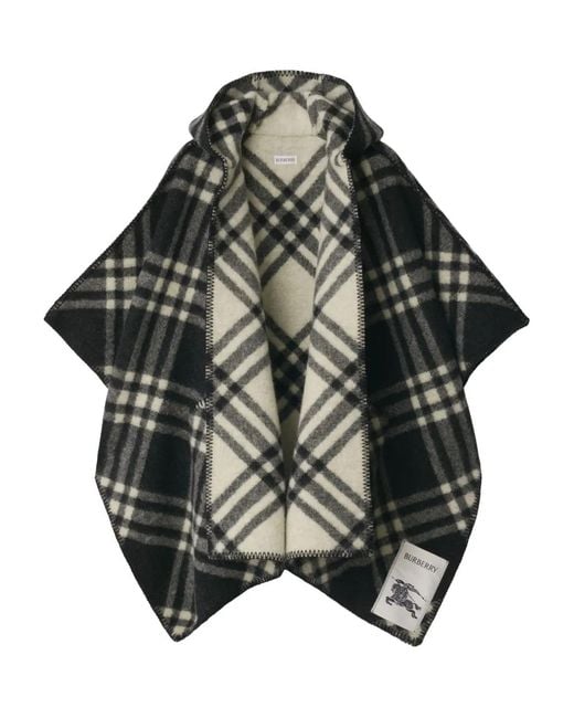Burberry Black Hooded Check Wool Cape