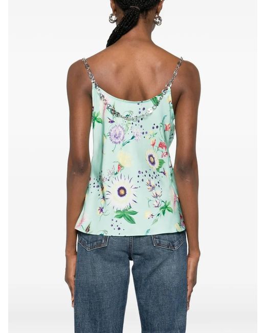 Rabanne Blue Chain-Detail Cowl-Neck Floral-Print Top