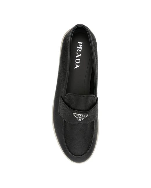 Prada Black Logo-Plaque Pebble-Grain Loafers for men