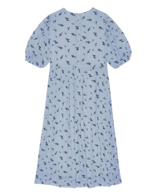 Ganni Jurk Met Pofmouwen En Bloemen in het Blue
