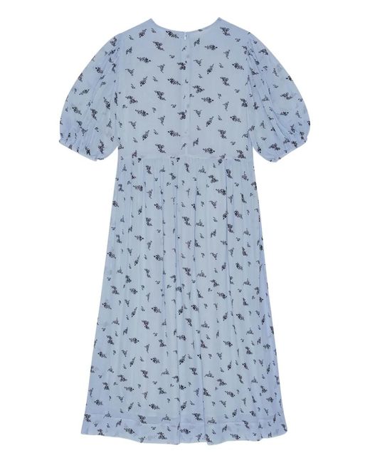 Ganni Blue Puffed-Sleeve Floral Dress