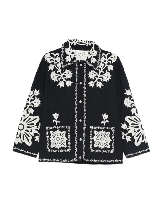 Sea Black Floral-Embroidered Buttoned Jacket