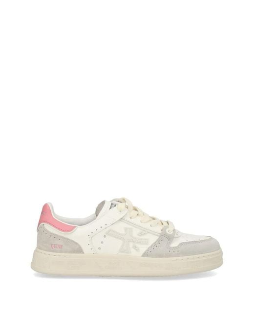 Premiata White Quinnd 8214 Perforated-Details Leather Sneakers