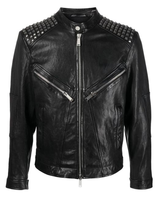 DSquared² Black Studded Leather Biker Jacket for men