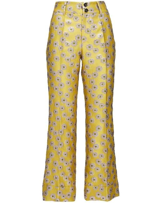 LaDoubleJ Yellow Hendrix Floral-Embroidery Flared Trousers