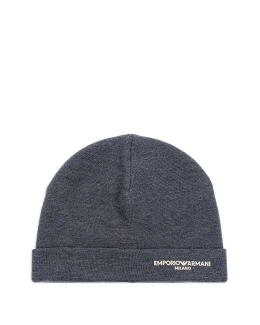 Emporio Armani Blue Logo-Embroidered Wool Beanie for men