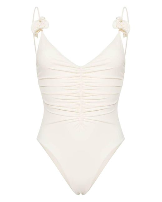 Magda Butrym White Floral-appliqué Ruched Swimsuit