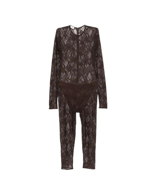 ANDAMANE Brown Sheila Lace-Pattern Long-Sleeve Jumpsuit