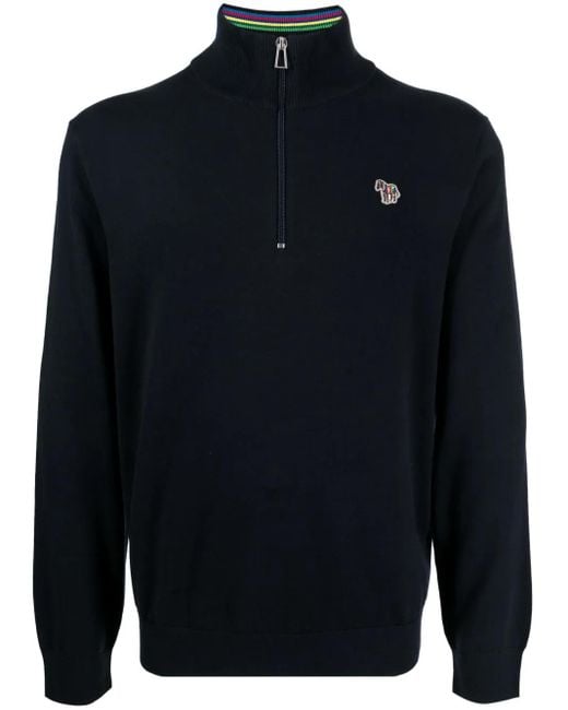 Paul Smith Blue Zebra-Motif Cotton Half-Zip Sweatshirt for men