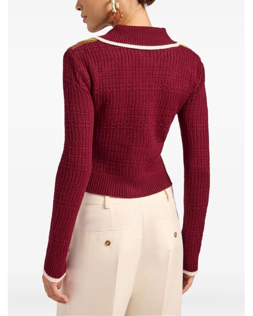 LaDoubleJ Red Crochet-Panel Button-Fastening Cardigan