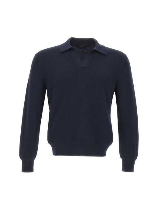 Gran Sasso Blue Ribbed-Knit Virgin-Wool Polo Shirt for men