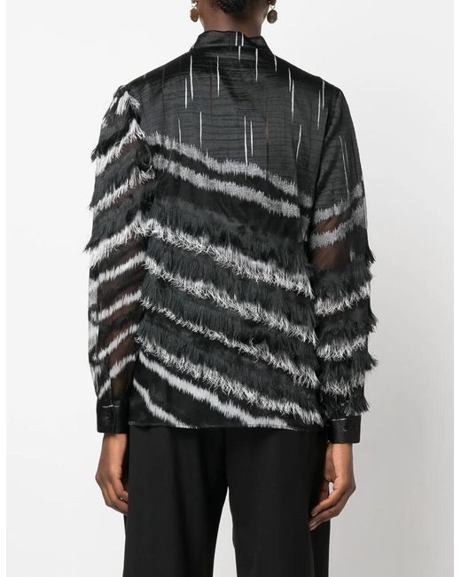 Alberta Ferretti Black Sheer Fringed Two-Tone Blouse