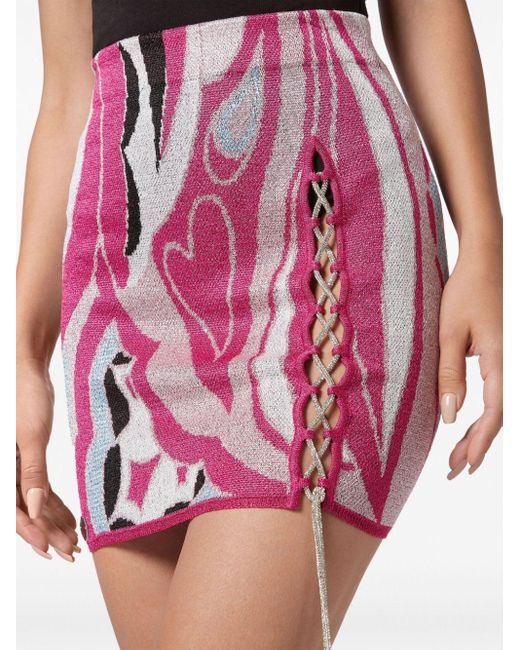 Philipp Plein Pink Embellished Intarsia Knitted Miniskirt