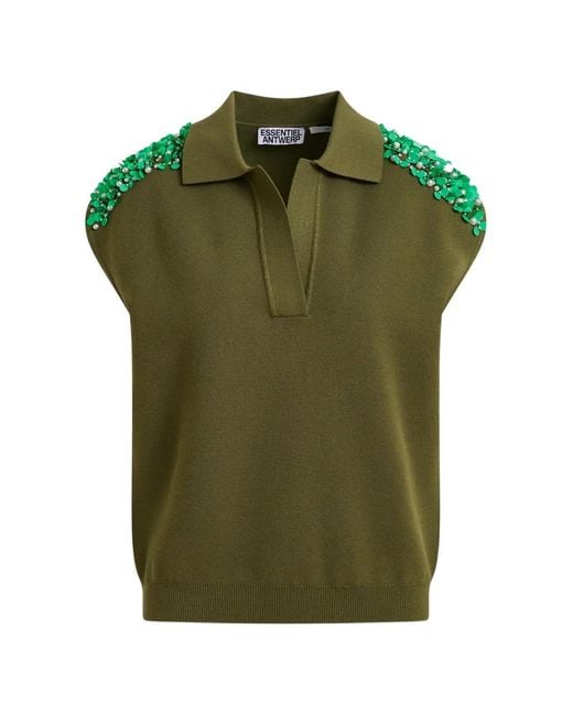 Essentiel Antwerp Green Beaded Polo Top