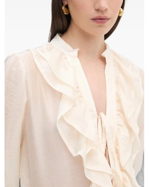 Haveone Natural Ruffled Front-Tie Blouse