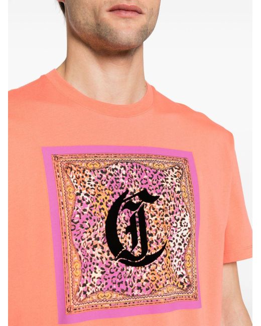 Just Cavalli Pink Flocked-monogram T-shirt for men