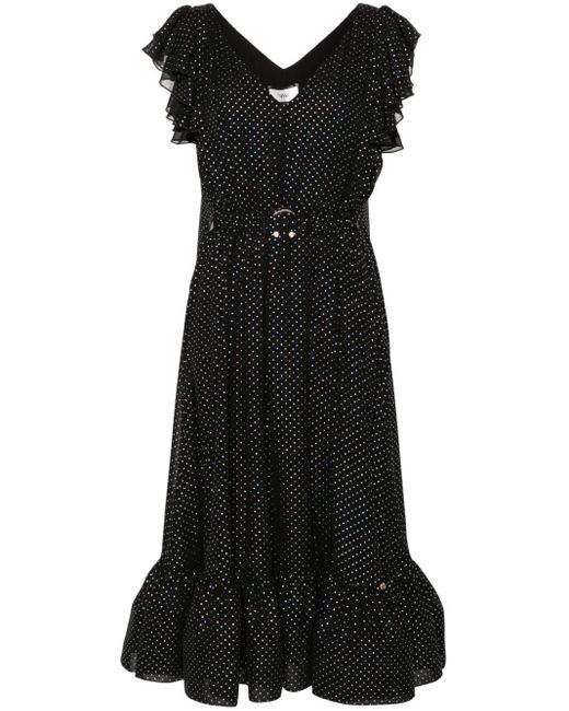 Nissa Black Polka-dot Belted Midi Dress
