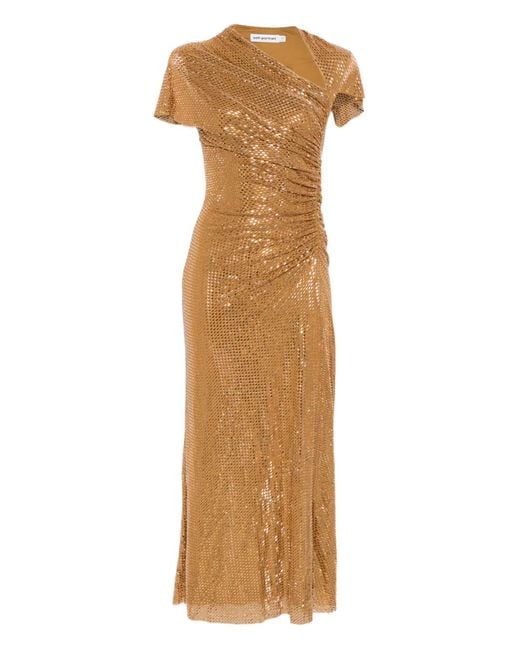 Vestido midi con apliques de strass Self-Portrait de color Natural