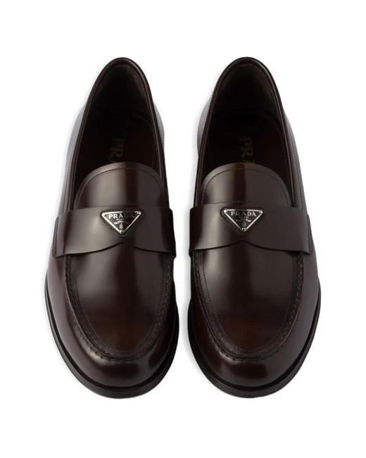 Prada Black Triangle-Logo Leather Loafers for men