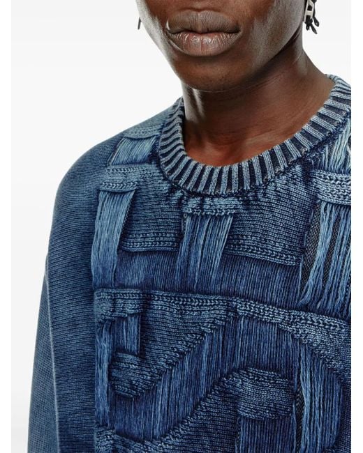 DIESEL Blue Destroyed Jumper With Floating Yarn Logo for men