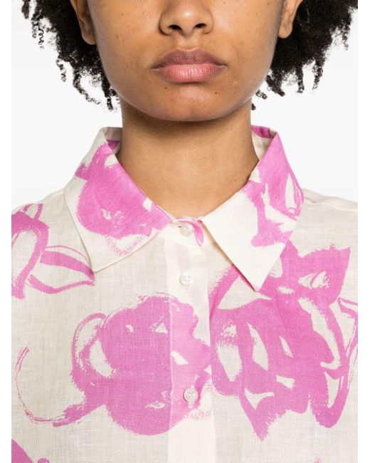 MSGM Pink Floral Linen Chambray Shirt